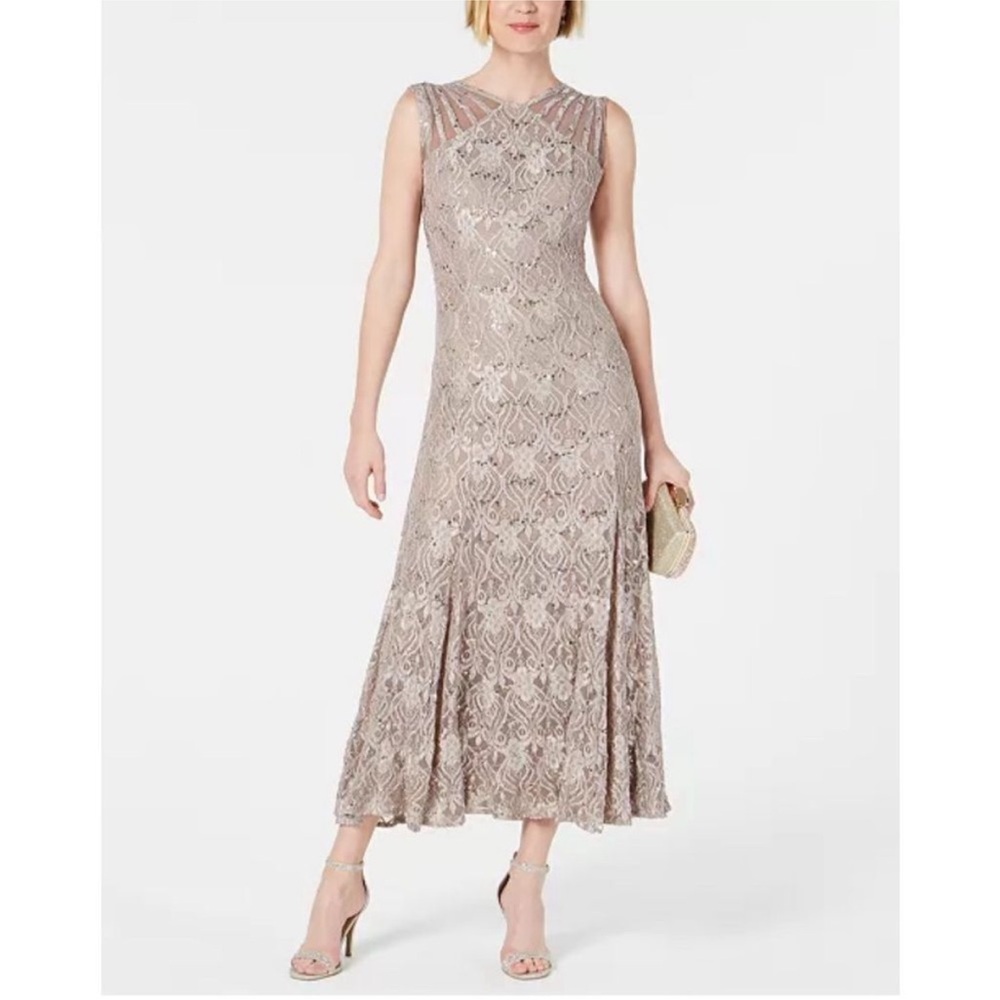 R&M Richards Elegant Lace Maxi Dress in Champagne